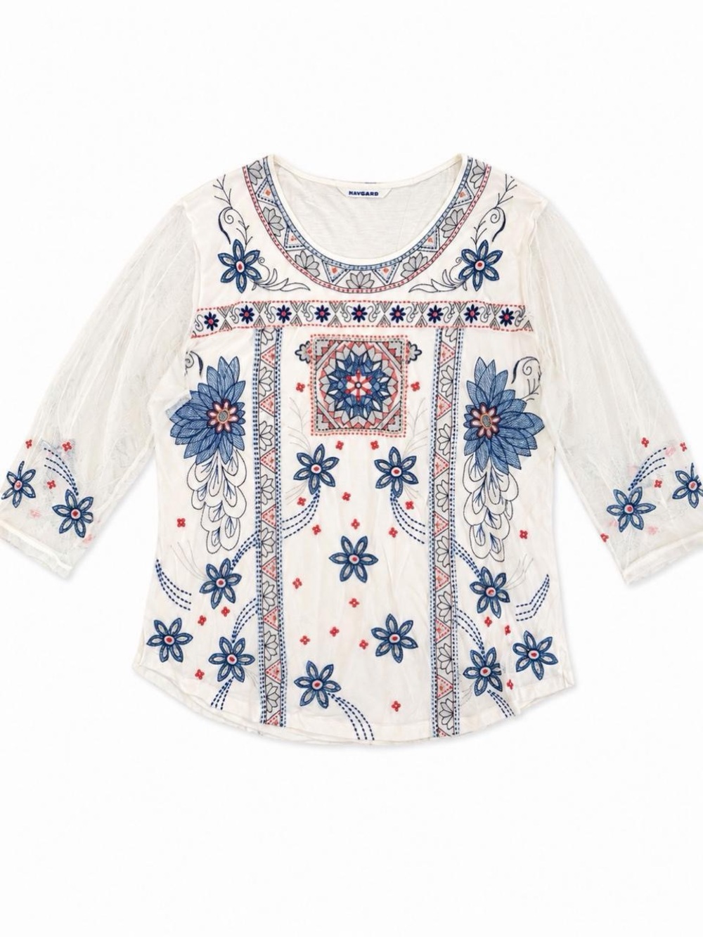Blue & White Embroidered Floral Peasant Blouse - NAVIGARE